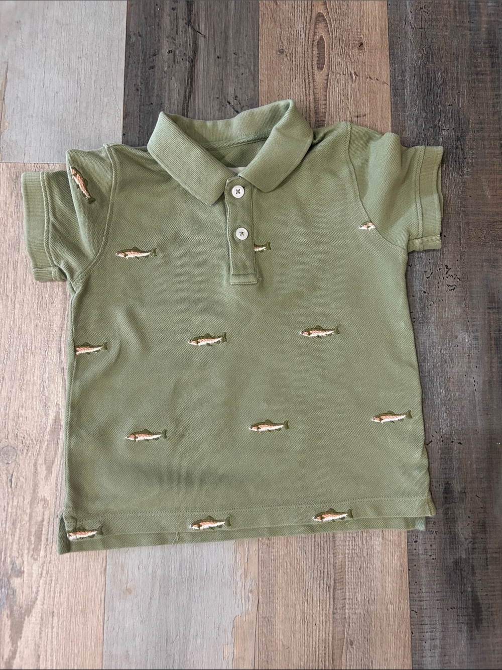 BLUE ROOSTER Boys Polo Shirt Fish Embroidery Olive Green Sz 5Y Summer